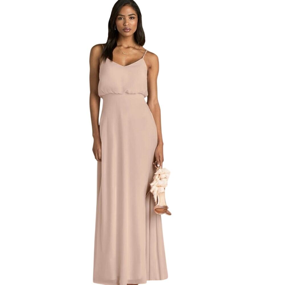Birdy Grey Gwennie Chiffon Bridesmaid Maxi Dress Small Taupe Blush Pockets